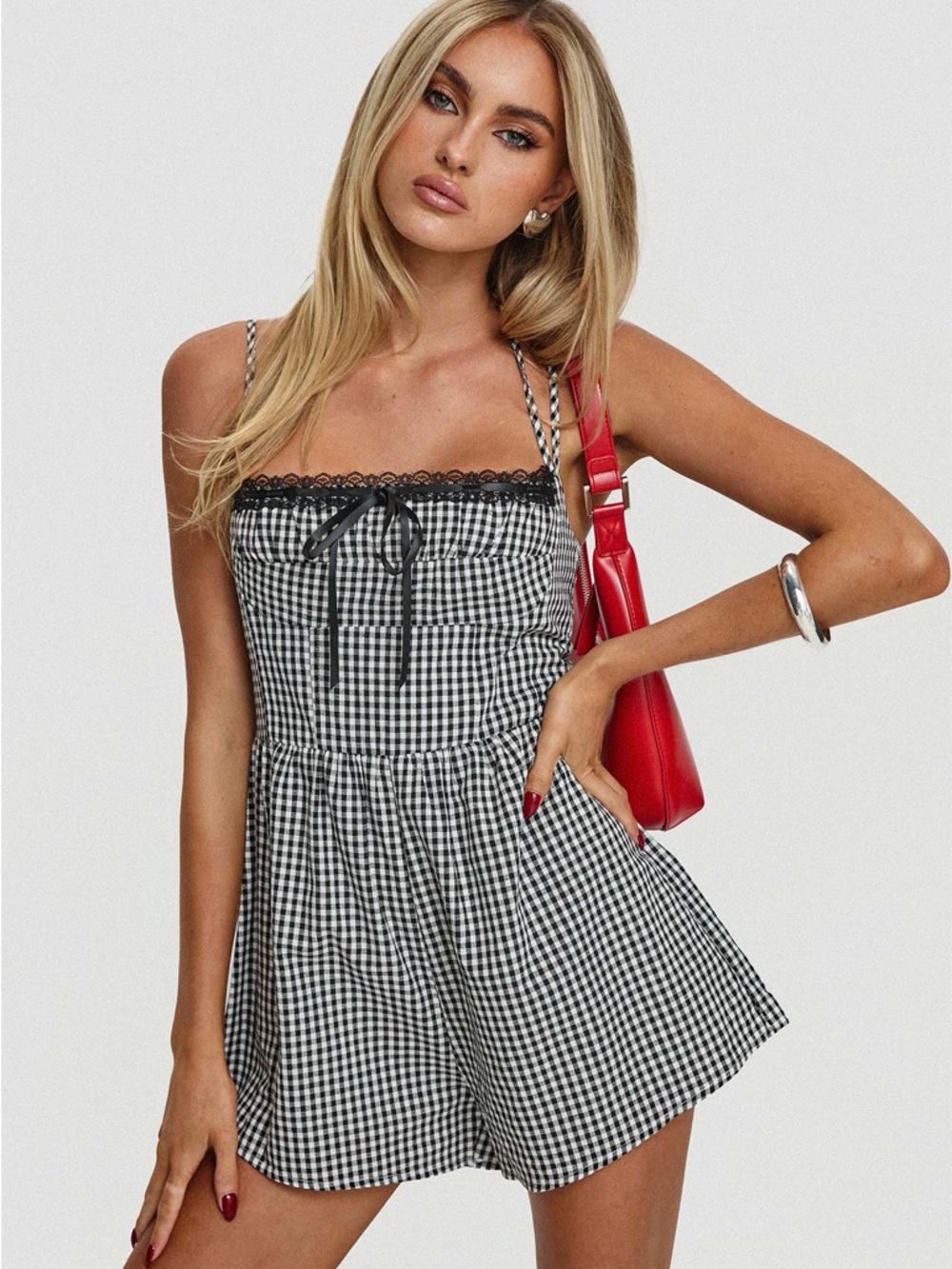 Princess Polly Black & White Gingham Strap Romper